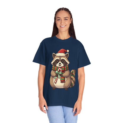 Christmas Raccoon Delight: Festive Kawaii Holiday Charm, Cute Animal Illustration T-shirt – Custom T-Shirt by PixelCraft360, unique decoration for events and special gifts