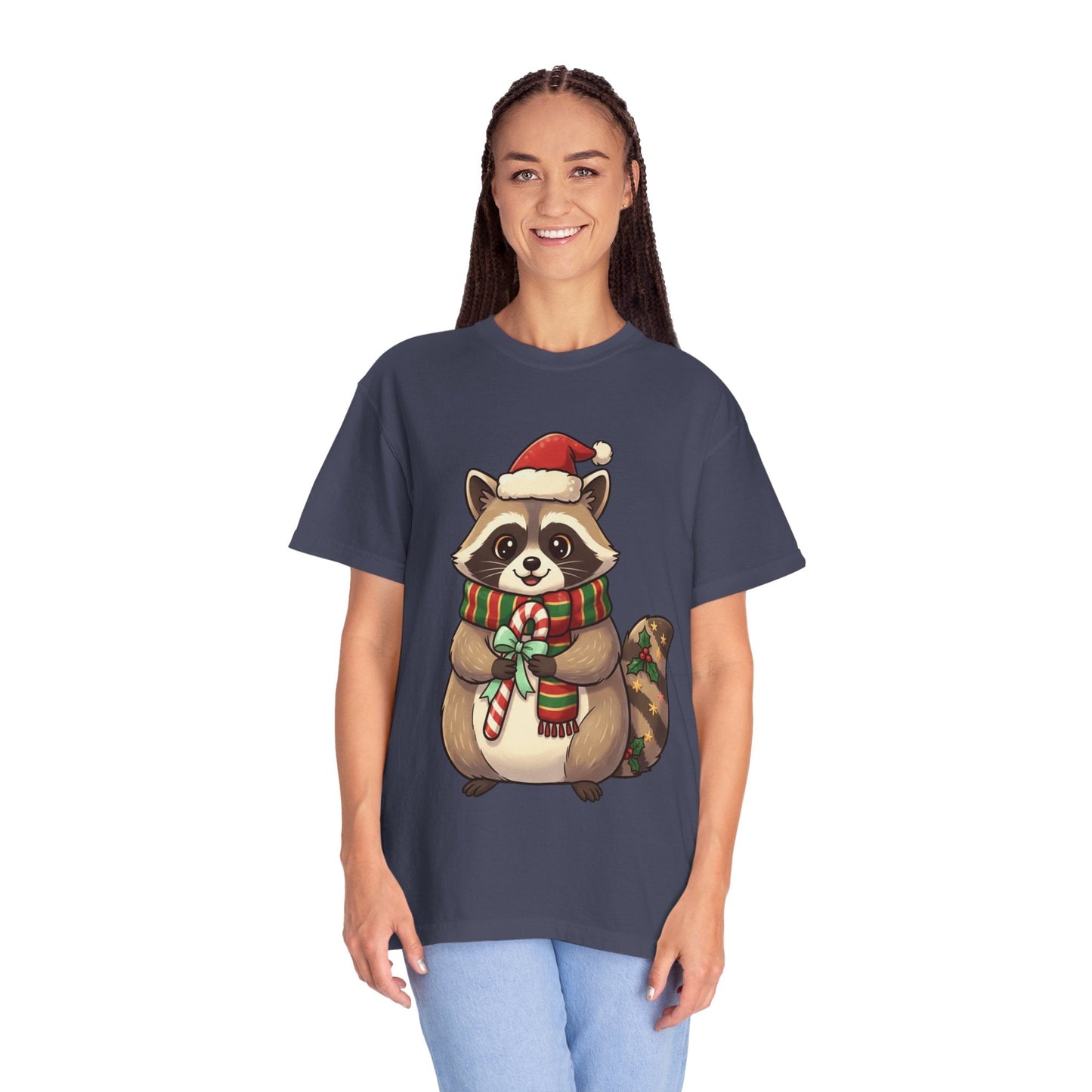 Christmas Raccoon Delight: Festive Kawaii Holiday Charm, Cute Animal Illustration T-shirt – Custom T-Shirt by PixelCraft360, unique decoration for events and special gifts