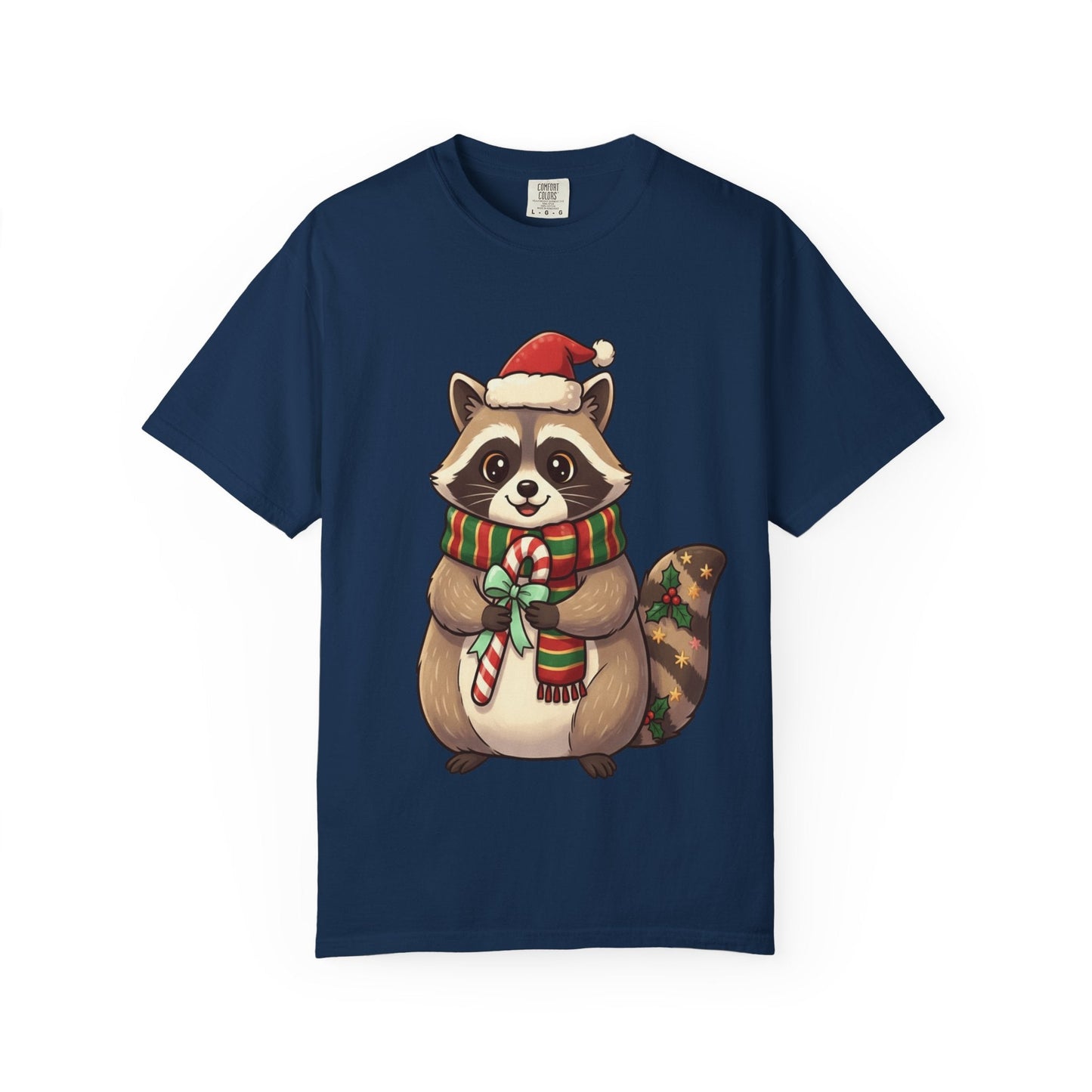 Christmas Raccoon Delight: Festive Kawaii Holiday Charm, Cute Animal Illustration T-shirt – Custom T-Shirt by PixelCraft360, unique decoration for events and special gifts
