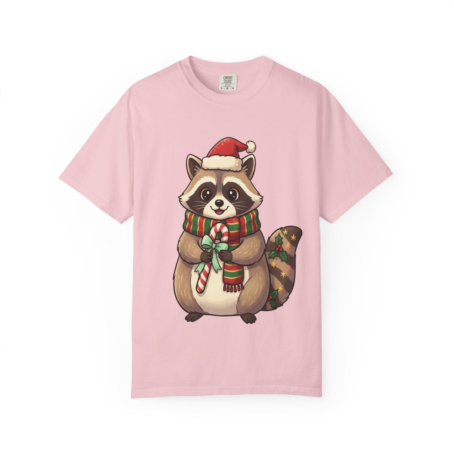 Christmas Raccoon Delight: Festive Kawaii Holiday Charm, Cute Animal Illustration T-shirt – Custom T-Shirt by PixelCraft360, unique decoration for events and special gifts