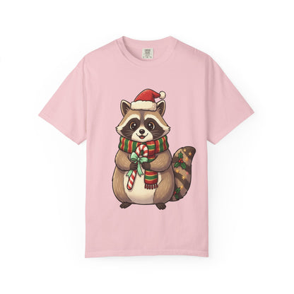 Christmas Raccoon Delight: Festive Kawaii Holiday Charm, Cute Animal Illustration T-shirt – Custom T-Shirt by PixelCraft360, unique decoration for events and special gifts
