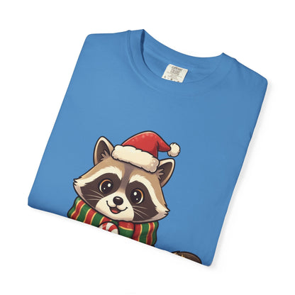 Christmas Raccoon Delight: Festive Kawaii Holiday Charm, Cute Animal Illustration T-shirt – Custom T-Shirt by PixelCraft360, unique decoration for events and special gifts