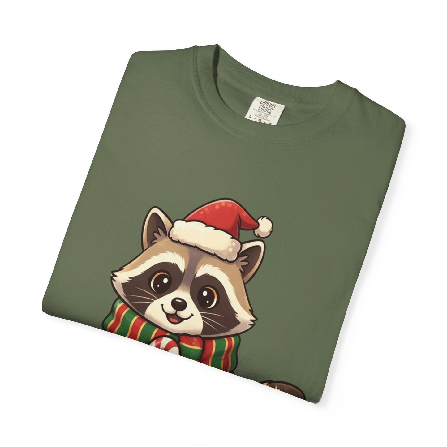 Christmas Raccoon Delight: Festive Kawaii Holiday Charm, Cute Animal Illustration T-shirt – Custom T-Shirt by PixelCraft360, unique decoration for events and special gifts