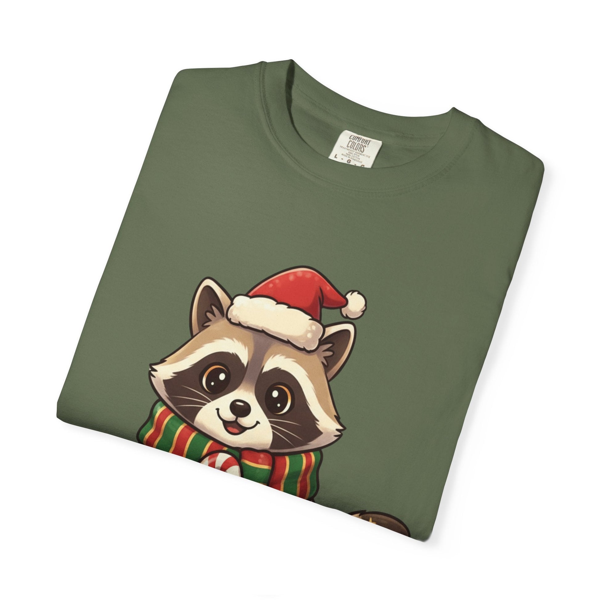 Christmas Raccoon Delight: Festive Kawaii Holiday Charm, Cute Animal Illustration T-shirt – Custom T-Shirt by PixelCraft360, unique decoration for events and special gifts