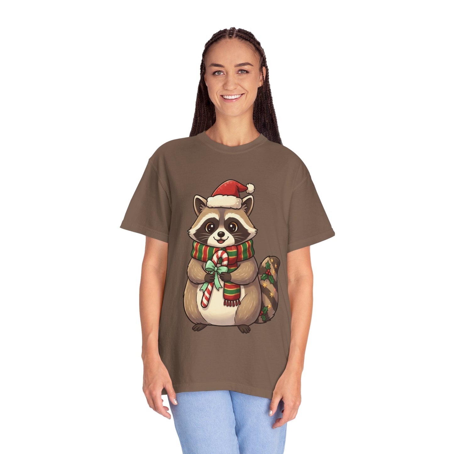 Christmas Raccoon Delight: Festive Kawaii Holiday Charm, Cute Animal Illustration T-shirt – Custom T-Shirt by PixelCraft360, unique decoration for events and special gifts
