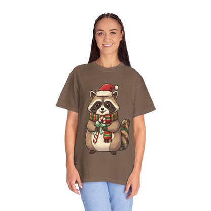 Christmas Raccoon Delight: Festive Kawaii Holiday Charm, Cute Animal Illustration T-shirt – Custom T-Shirt by PixelCraft360, unique decoration for events and special gifts
