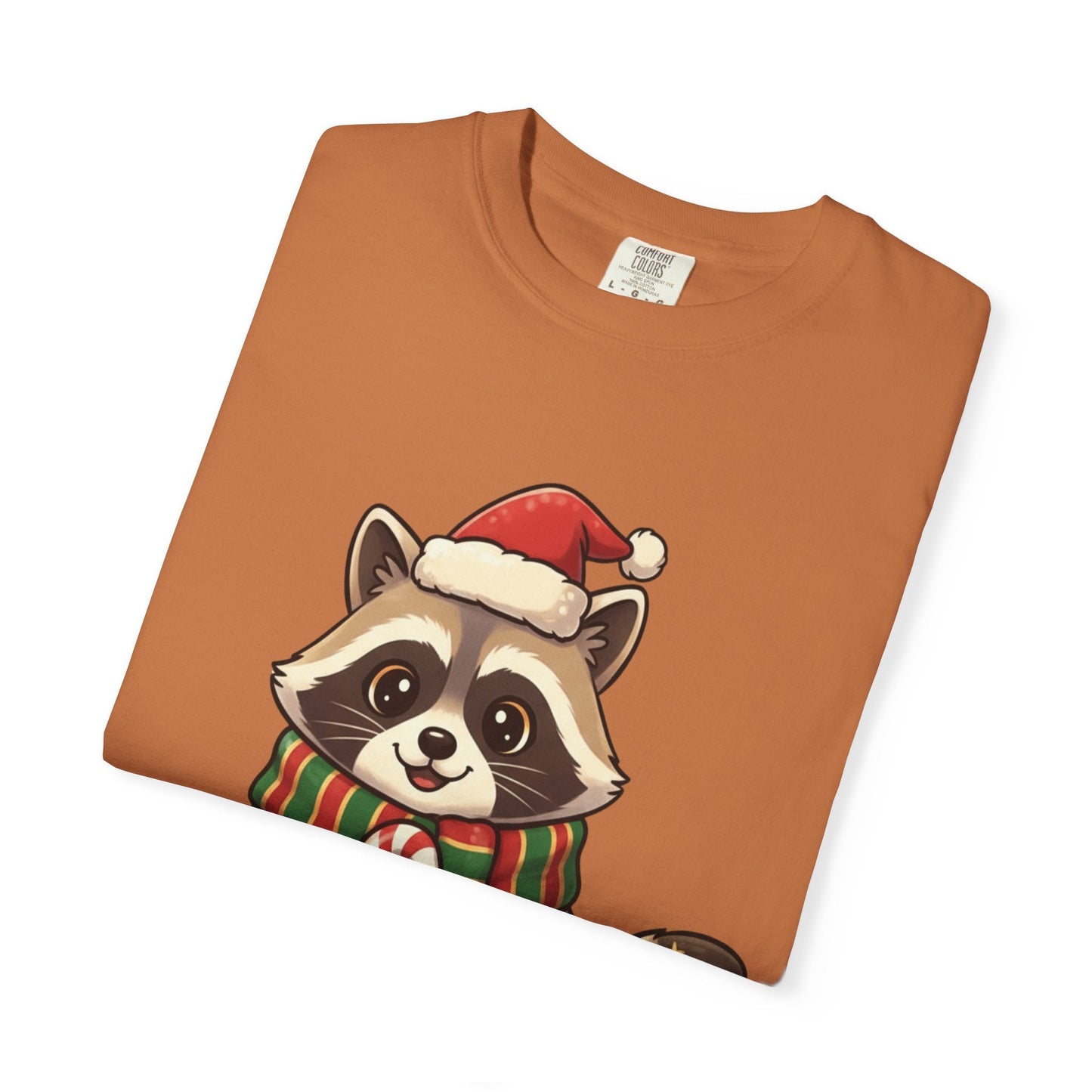 Christmas Raccoon Delight: Festive Kawaii Holiday Charm, Cute Animal Illustration T-shirt – Custom T-Shirt by PixelCraft360, unique decoration for events and special gifts