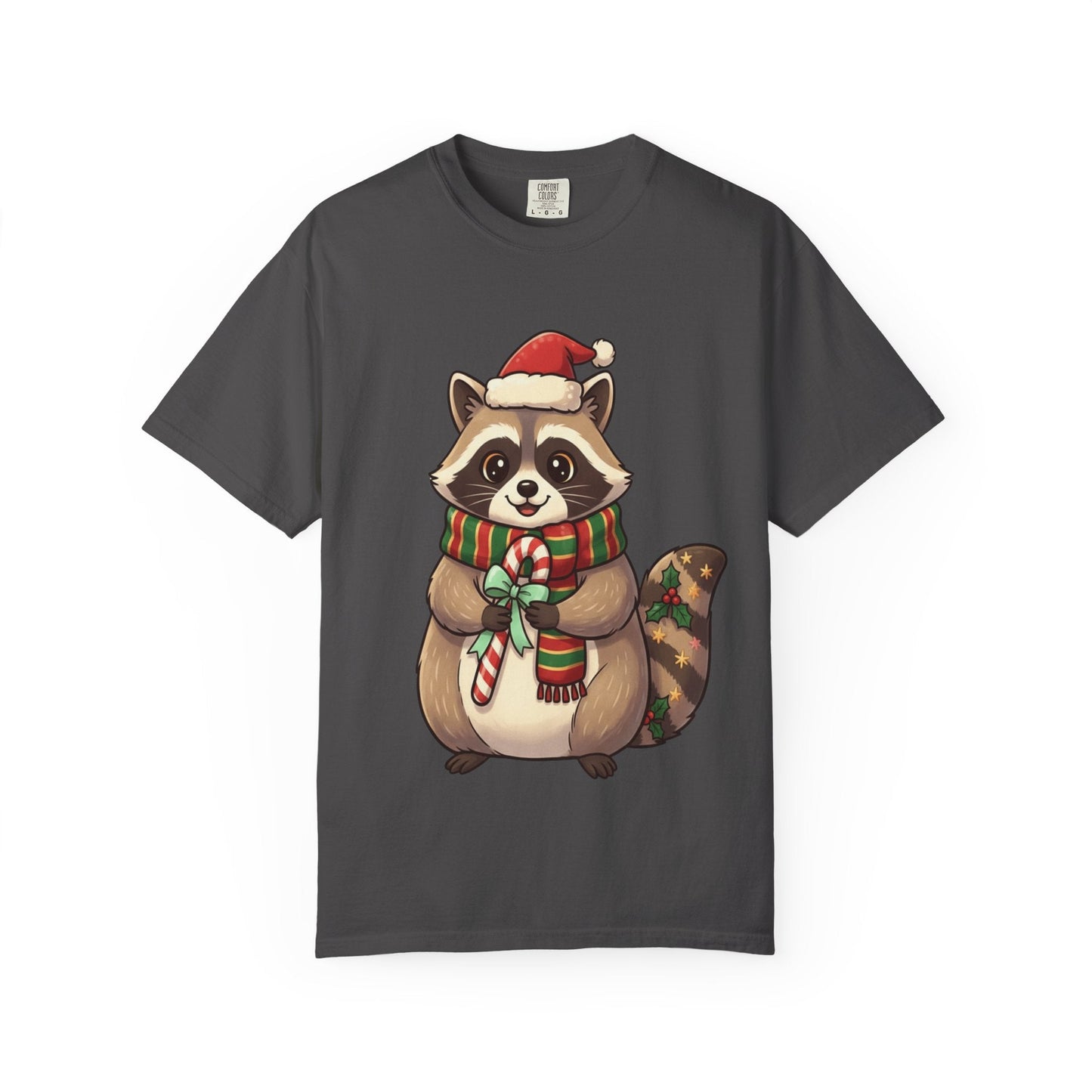 Christmas Raccoon Delight: Festive Kawaii Holiday Charm, Cute Animal Illustration T-shirt – Custom T-Shirt by PixelCraft360, unique decoration for events and special gifts