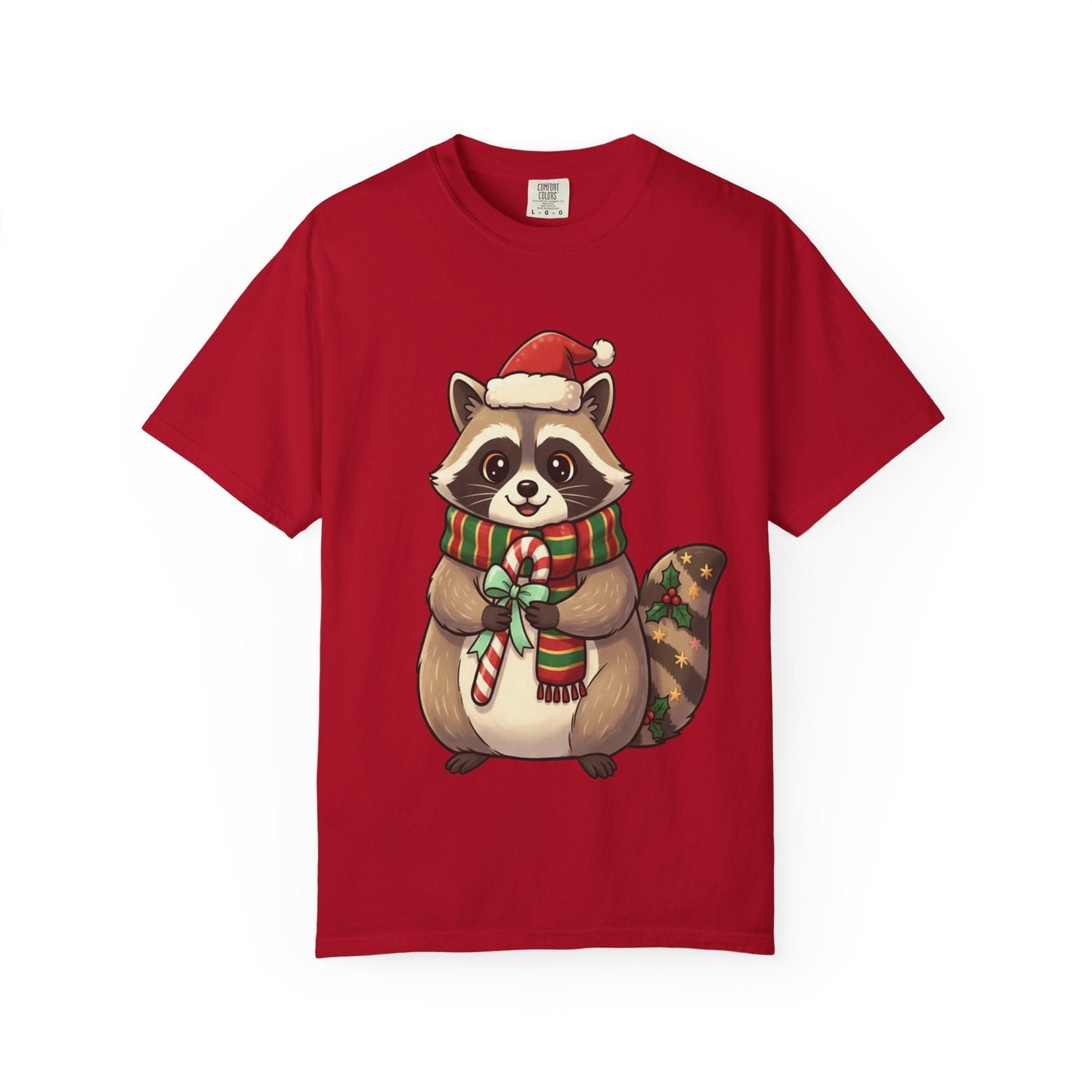 Christmas Raccoon Delight: Festive Kawaii Holiday Charm, Cute Animal Illustration T-shirt – Custom T-Shirt by PixelCraft360, unique decoration for events and special gifts