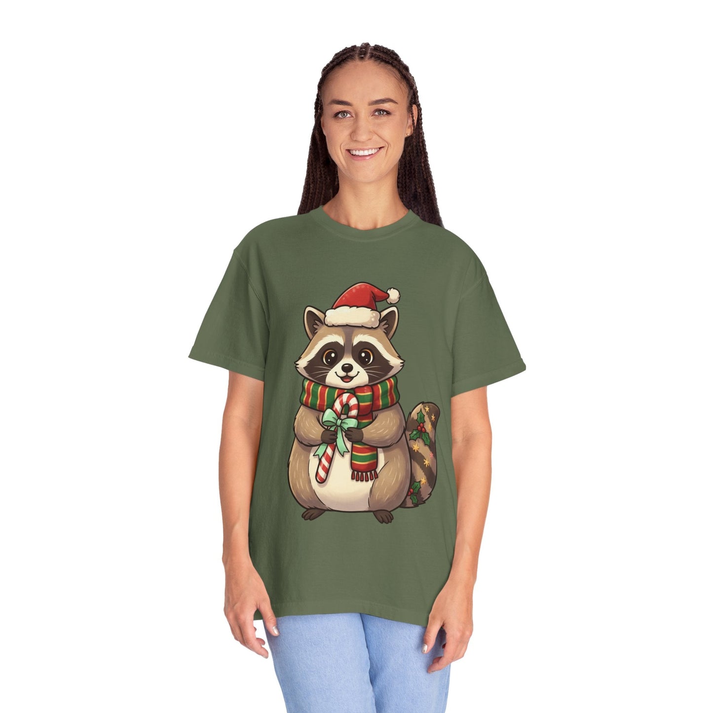 Christmas Raccoon Delight: Festive Kawaii Holiday Charm, Cute Animal Illustration T-shirt – Custom T-Shirt by PixelCraft360, unique decoration for events and special gifts