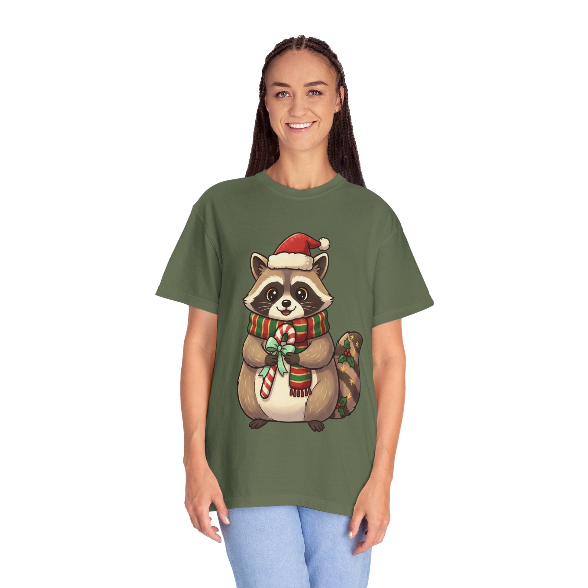 Christmas Raccoon Delight: Festive Kawaii Holiday Charm, Cute Animal Illustration T-shirt – Custom T-Shirt by PixelCraft360, unique decoration for events and special gifts