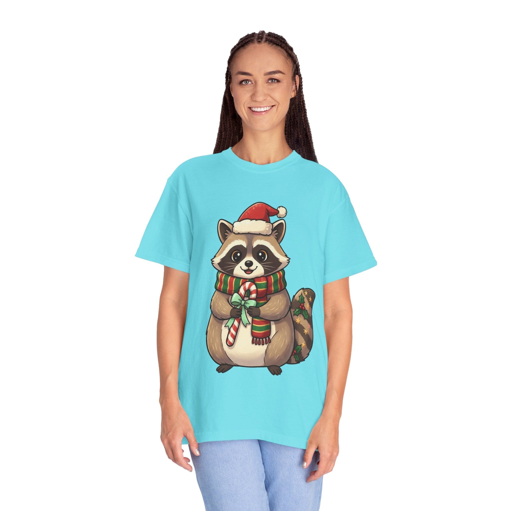 Christmas Raccoon Delight: Festive Kawaii Holiday Charm, Cute Animal Illustration T-shirt – Custom T-Shirt by PixelCraft360, unique decoration for events and special gifts