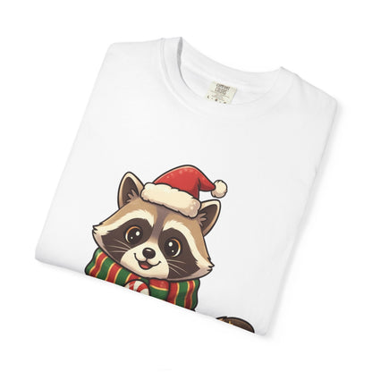 Christmas Raccoon Delight: Festive Kawaii Holiday Charm, Cute Animal Illustration T-shirt – Custom T-Shirt by PixelCraft360, unique decoration for events and special gifts