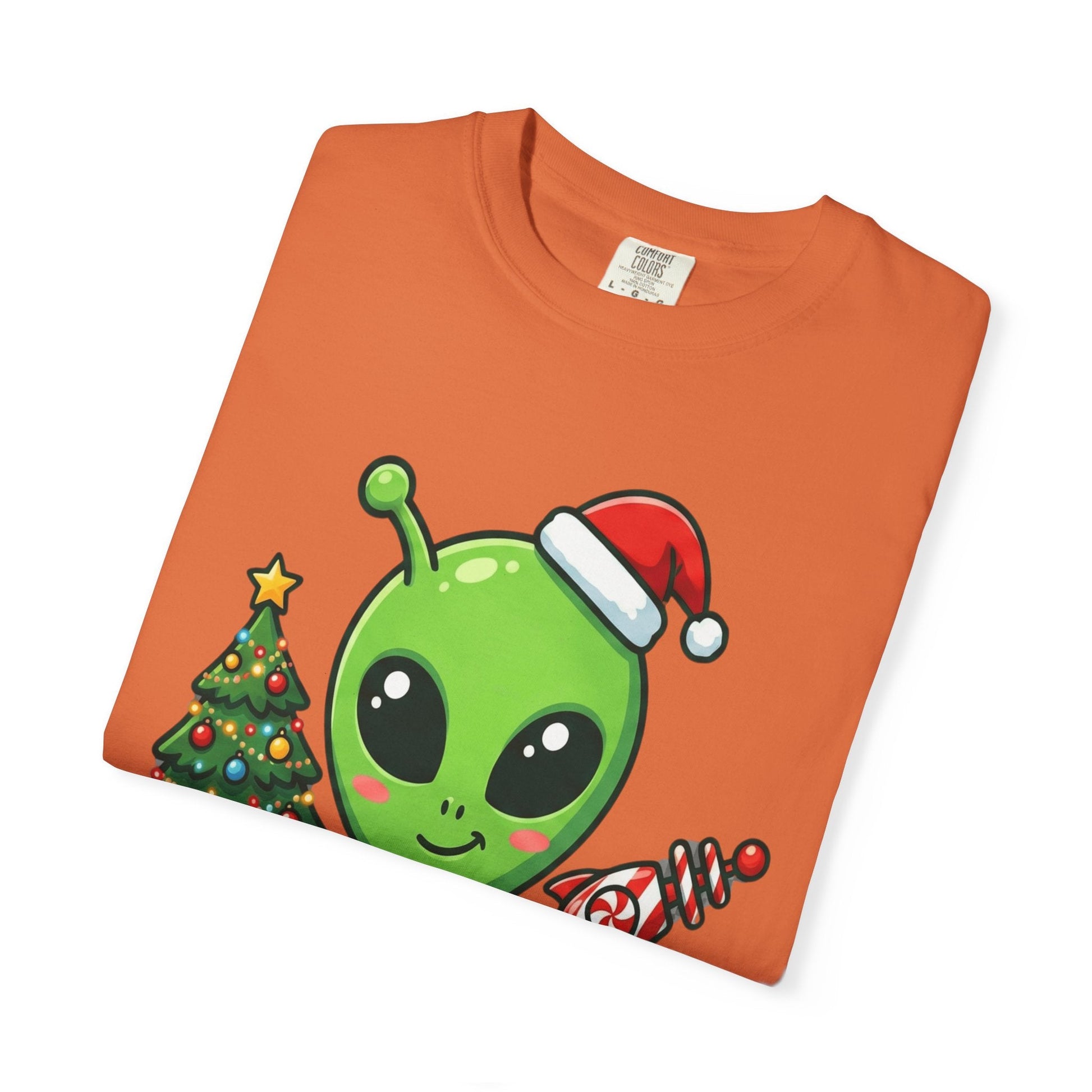 Cosmic Christmas Cheer: Alien Holiday Celebration, Festive Sci - Fi IllustrationT-Shirt – Custom T-Shirt by PixelCraft360, unique decoration for events and special gifts