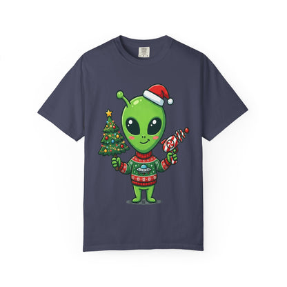 Cosmic Christmas Cheer: Alien Holiday Celebration, Festive Sci - Fi IllustrationT-Shirt – Custom T-Shirt by PixelCraft360, unique decoration for events and special gifts