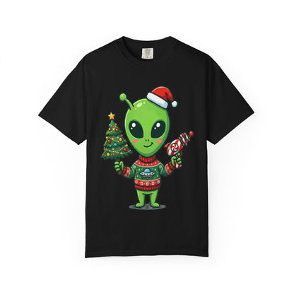 Cosmic Christmas Cheer: Alien Holiday Celebration, Festive Sci - Fi IllustrationT-Shirt – Custom T-Shirt by PixelCraft360, unique decoration for events and special gifts