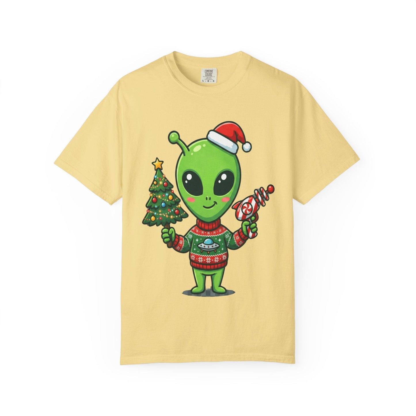 Cosmic Christmas Cheer: Alien Holiday Celebration, Festive Sci - Fi IllustrationT-Shirt – Custom T-Shirt by PixelCraft360, unique decoration for events and special gifts