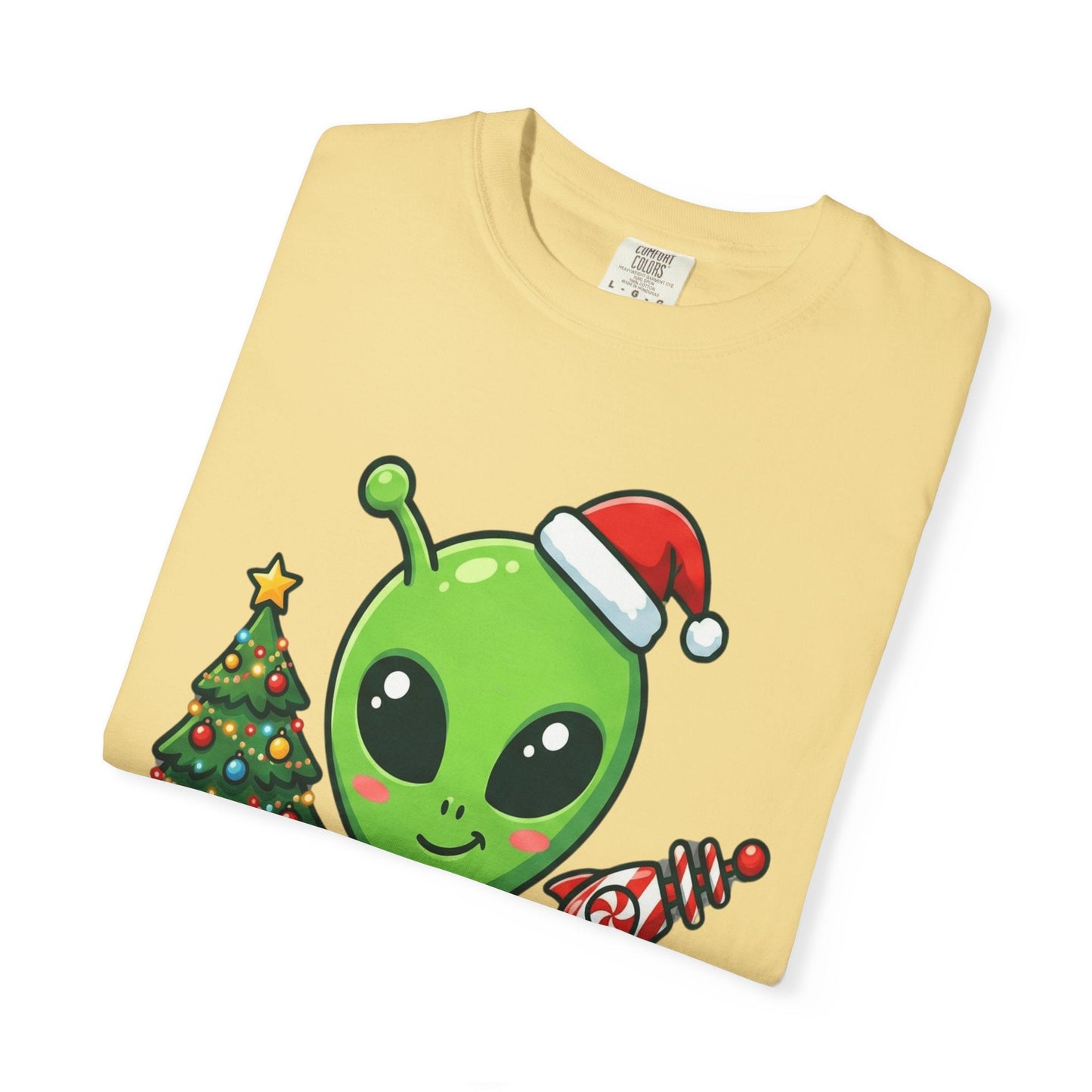 Cosmic Christmas Cheer: Alien Holiday Celebration, Festive Sci - Fi IllustrationT-Shirt – Custom T-Shirt by PixelCraft360, unique decoration for events and special gifts