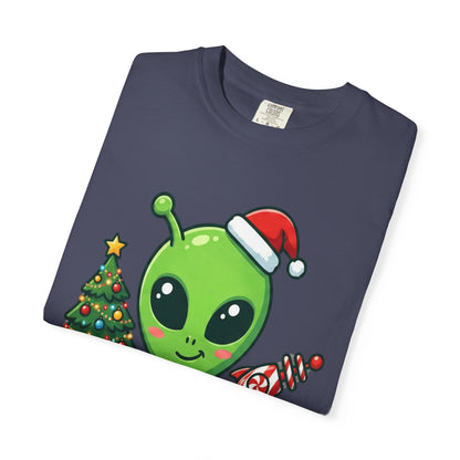 Cosmic Christmas Cheer: Alien Holiday Celebration, Festive Sci - Fi IllustrationT-Shirt – Custom T-Shirt by PixelCraft360, unique decoration for events and special gifts