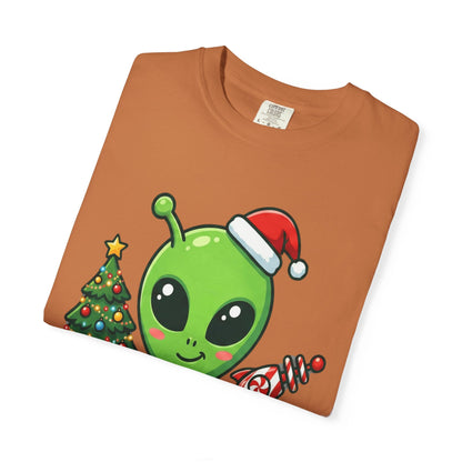 Cosmic Christmas Cheer: Alien Holiday Celebration, Festive Sci - Fi IllustrationT-Shirt – Custom T-Shirt by PixelCraft360, unique decoration for events and special gifts