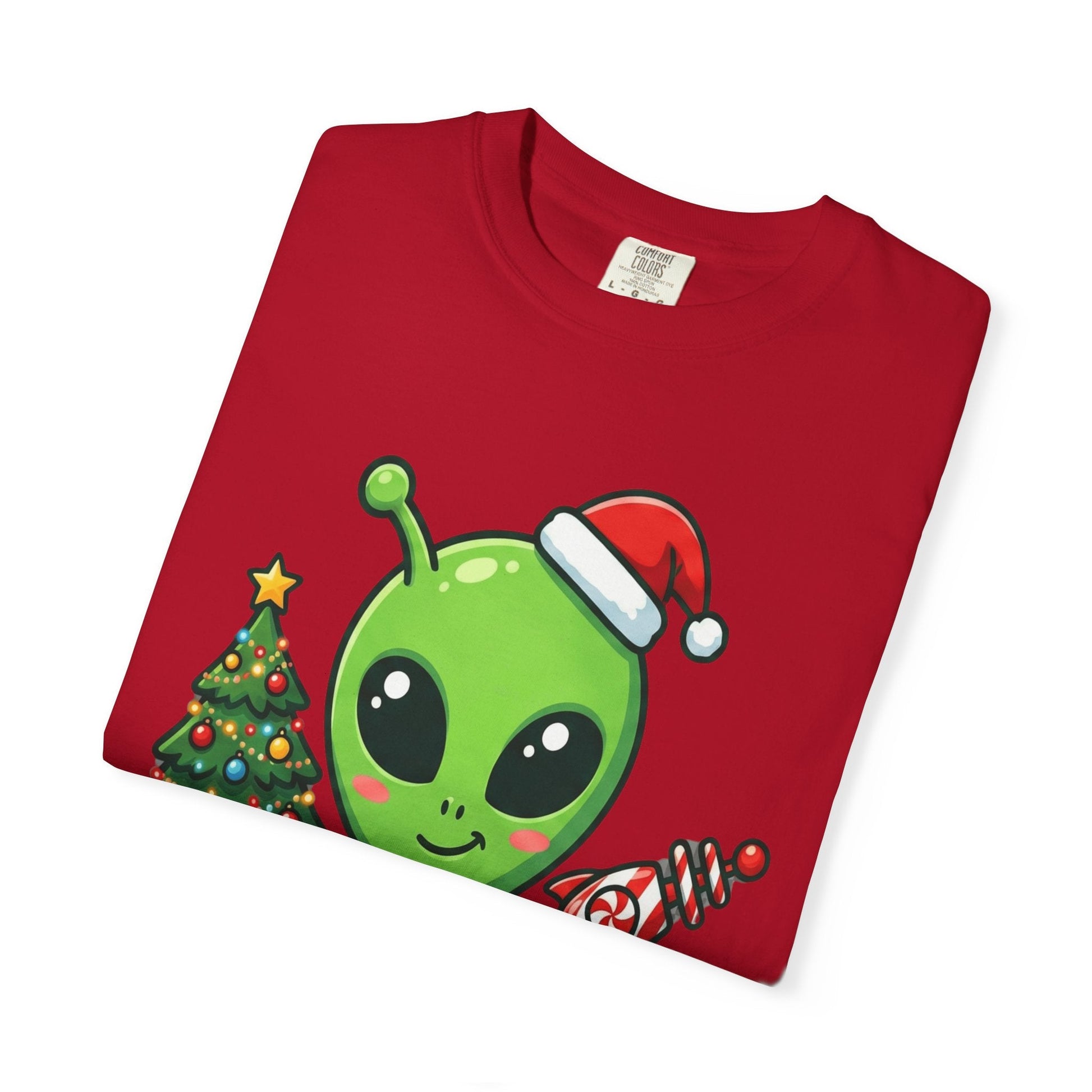 Cosmic Christmas Cheer: Alien Holiday Celebration, Festive Sci - Fi IllustrationT-Shirt – Custom T-Shirt by PixelCraft360, unique decoration for events and special gifts
