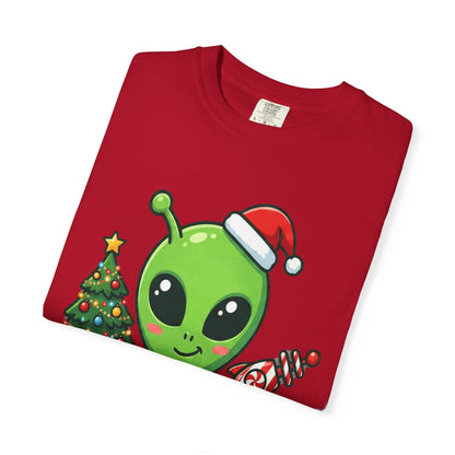 Cosmic Christmas Cheer: Alien Holiday Celebration, Festive Sci - Fi IllustrationT-Shirt – Custom T-Shirt by PixelCraft360, unique decoration for events and special gifts