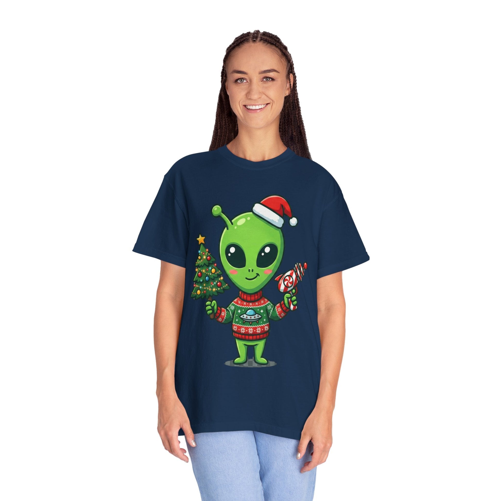 Cosmic Christmas Cheer: Alien Holiday Celebration, Festive Sci - Fi IllustrationT-Shirt – Custom T-Shirt by PixelCraft360, unique decoration for events and special gifts
