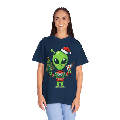 Cosmic Christmas Cheer: Alien Holiday Celebration, Festive Sci - Fi IllustrationT-Shirt – Custom T-Shirt by PixelCraft360, unique decoration for events and special gifts