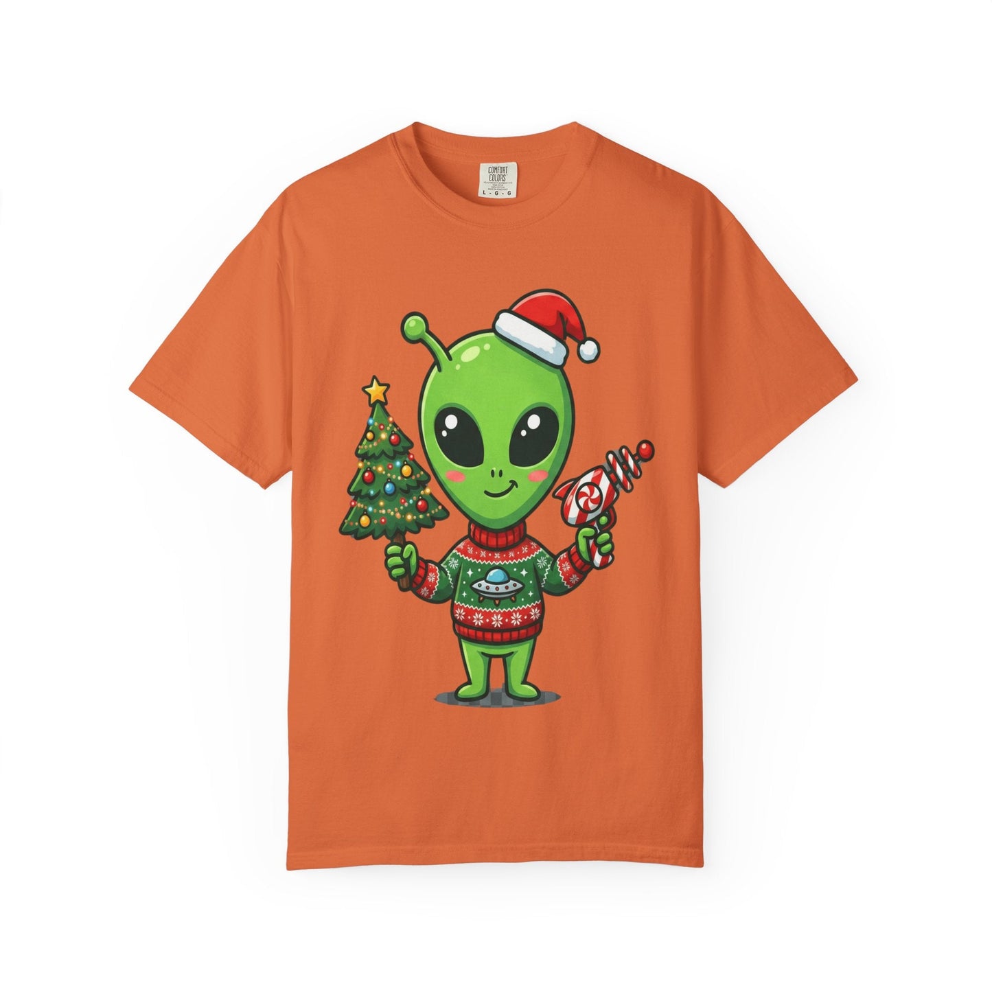 Cosmic Christmas Cheer: Alien Holiday Celebration, Festive Sci - Fi IllustrationT-Shirt – Custom T-Shirt by PixelCraft360, unique decoration for events and special gifts