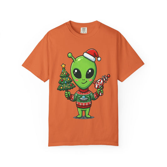 Cosmic Christmas Cheer: Alien Holiday Celebration, Festive Sci - Fi IllustrationT-Shirt – Custom T-Shirt by PixelCraft360, unique decoration for events and special gifts