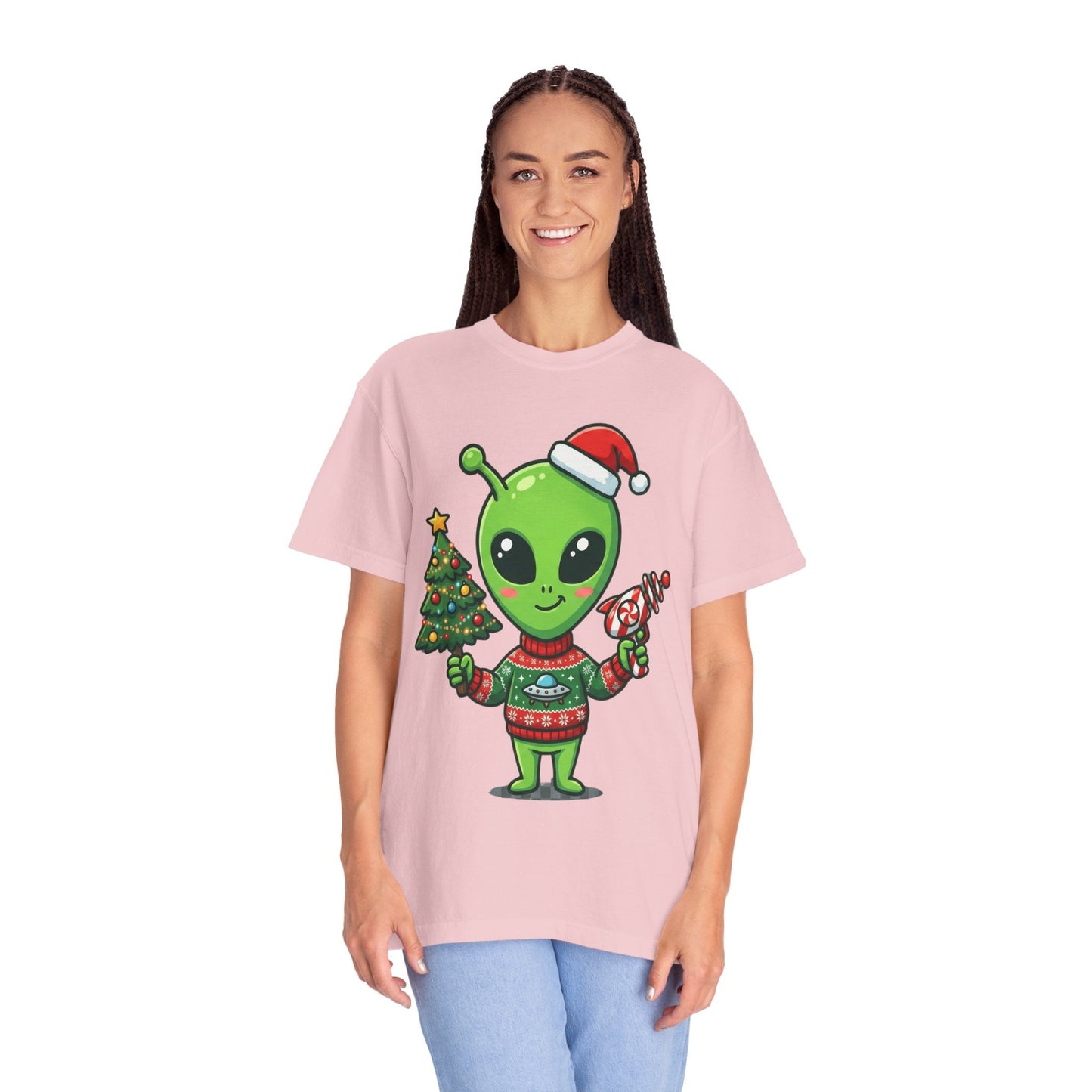 Cosmic Christmas Cheer: Alien Holiday Celebration, Festive Sci - Fi IllustrationT-Shirt – Custom T-Shirt by PixelCraft360, unique decoration for events and special gifts