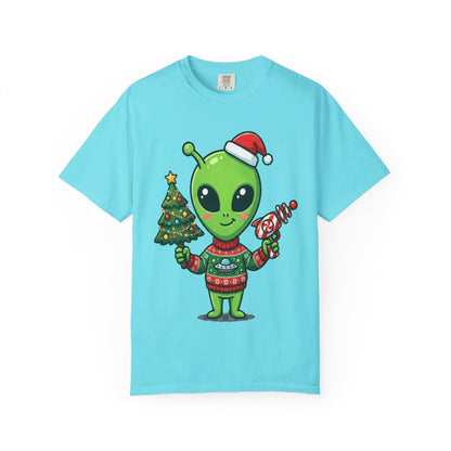Cosmic Christmas Cheer: Alien Holiday Celebration, Festive Sci - Fi IllustrationT-Shirt – Custom T-Shirt by PixelCraft360, unique decoration for events and special gifts