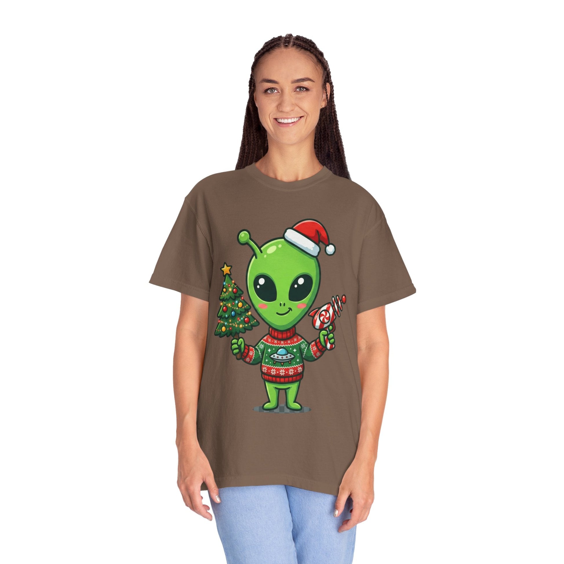 Cosmic Christmas Cheer: Alien Holiday Celebration, Festive Sci - Fi IllustrationT-Shirt – Custom T-Shirt by PixelCraft360, unique decoration for events and special gifts