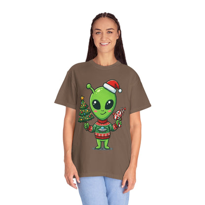 Cosmic Christmas Cheer: Alien Holiday Celebration, Festive Sci - Fi IllustrationT-Shirt – Custom T-Shirt by PixelCraft360, unique decoration for events and special gifts