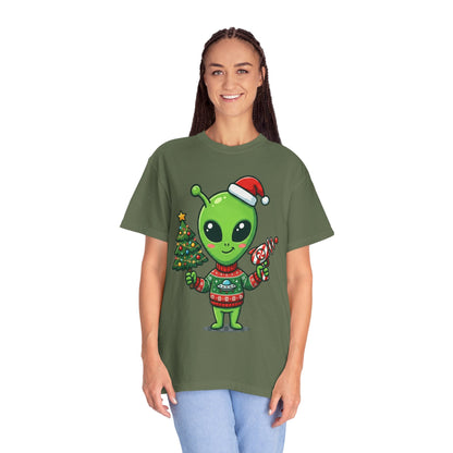 Cosmic Christmas Cheer: Alien Holiday Celebration, Festive Sci - Fi IllustrationT-Shirt – Custom T-Shirt by PixelCraft360, unique decoration for events and special gifts