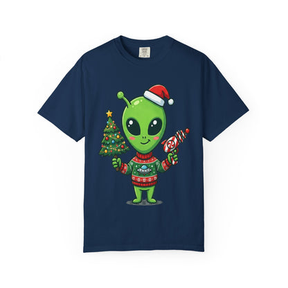 Cosmic Christmas Cheer: Alien Holiday Celebration, Festive Sci - Fi IllustrationT-Shirt – Custom T-Shirt by PixelCraft360, unique decoration for events and special gifts