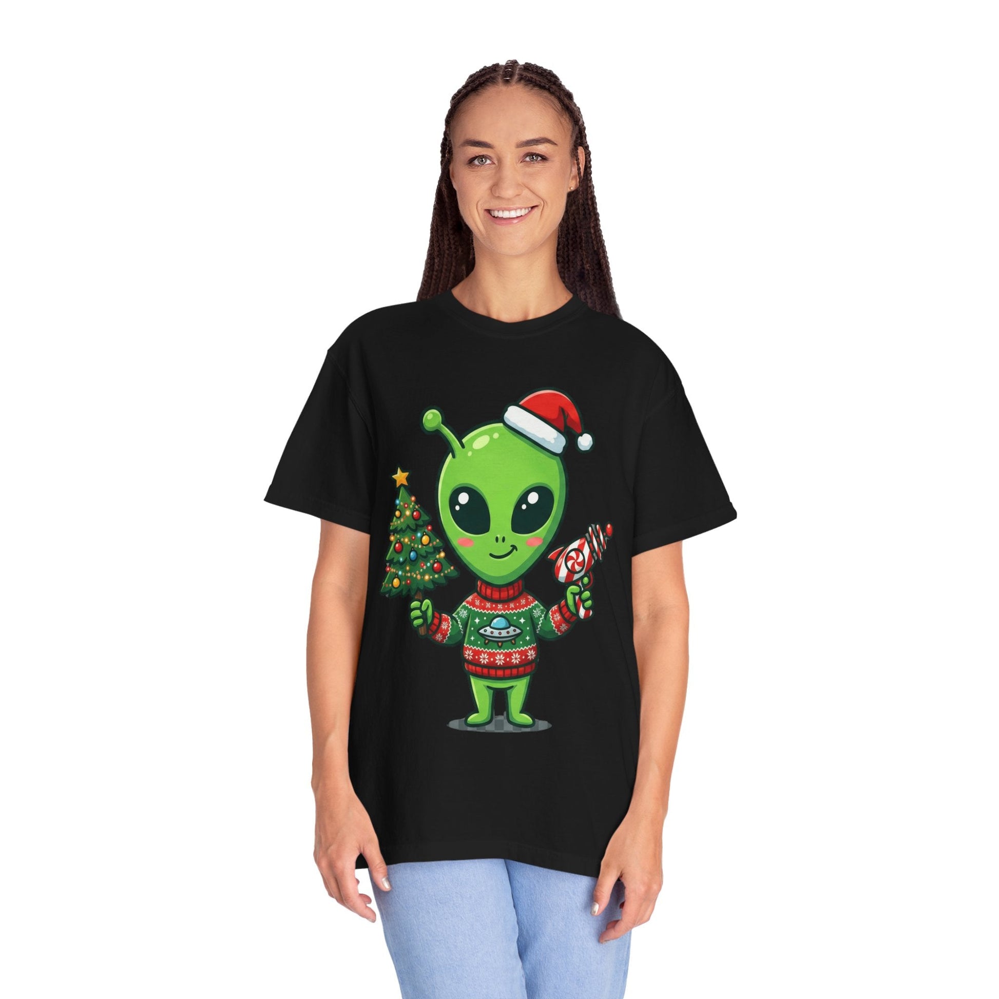 Cosmic Christmas Cheer: Alien Holiday Celebration, Festive Sci - Fi IllustrationT-Shirt – Custom T-Shirt by PixelCraft360, unique decoration for events and special gifts
