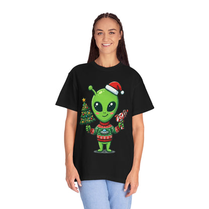 Cosmic Christmas Cheer: Alien Holiday Celebration, Festive Sci - Fi IllustrationT-Shirt – Custom T-Shirt by PixelCraft360, unique decoration for events and special gifts