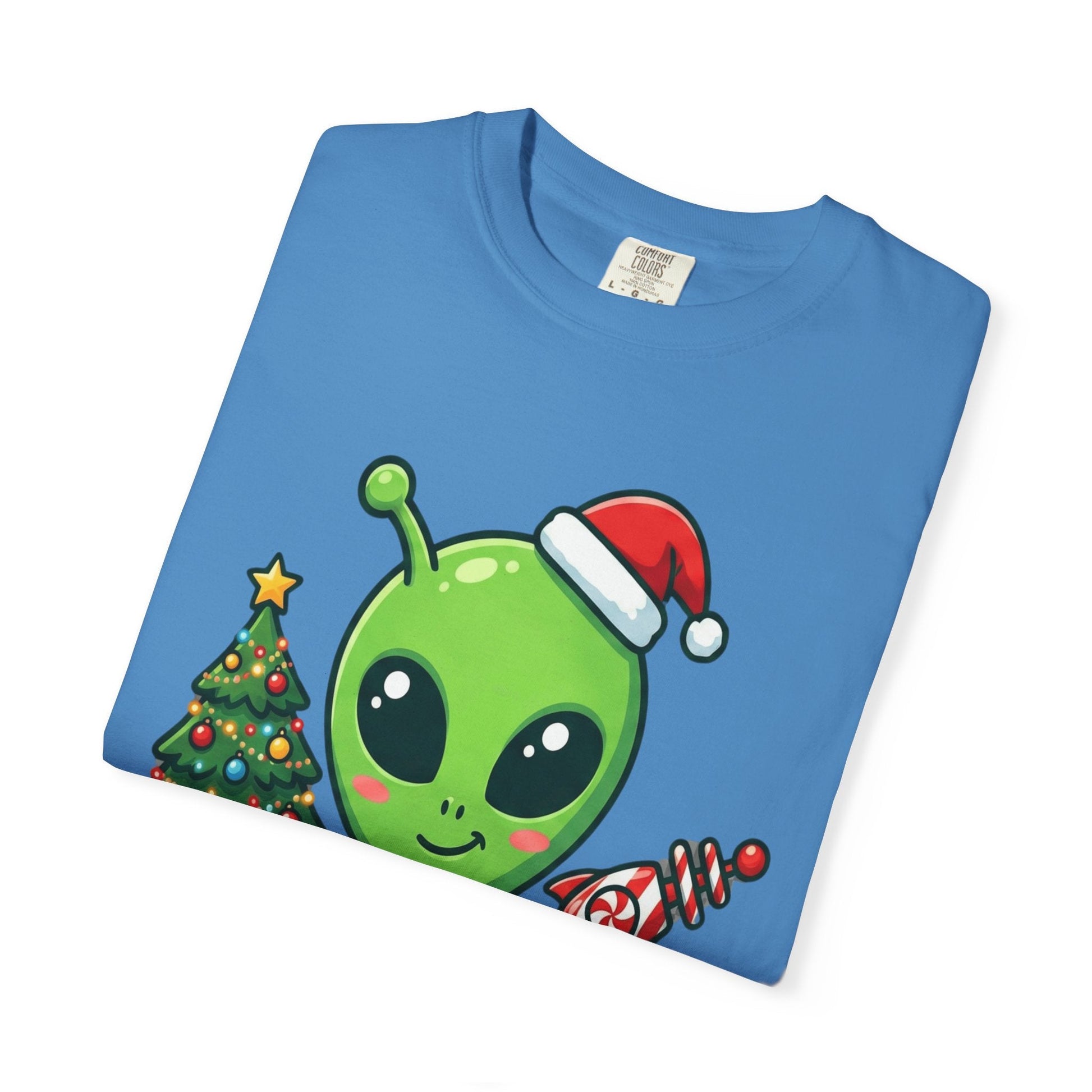 Cosmic Christmas Cheer: Alien Holiday Celebration, Festive Sci - Fi IllustrationT-Shirt – Custom T-Shirt by PixelCraft360, unique decoration for events and special gifts