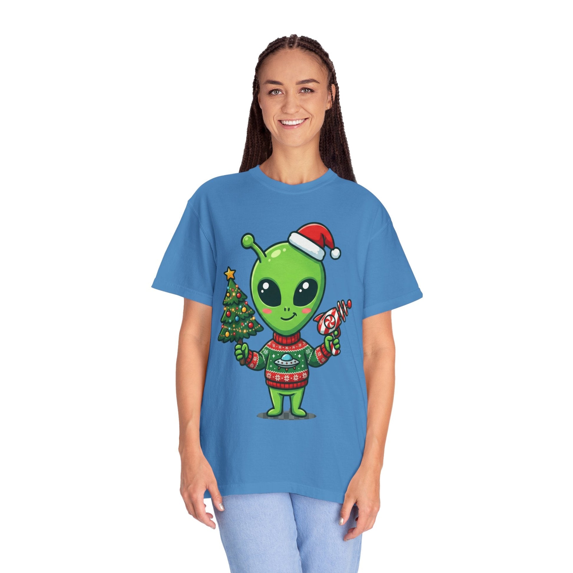 Cosmic Christmas Cheer: Alien Holiday Celebration, Festive Sci - Fi IllustrationT-Shirt – Custom T-Shirt by PixelCraft360, unique decoration for events and special gifts