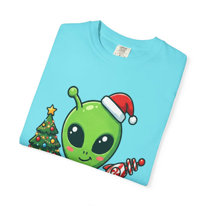 Cosmic Christmas Cheer: Alien Holiday Celebration, Festive Sci - Fi IllustrationT-Shirt – Custom T-Shirt by PixelCraft360, unique decoration for events and special gifts