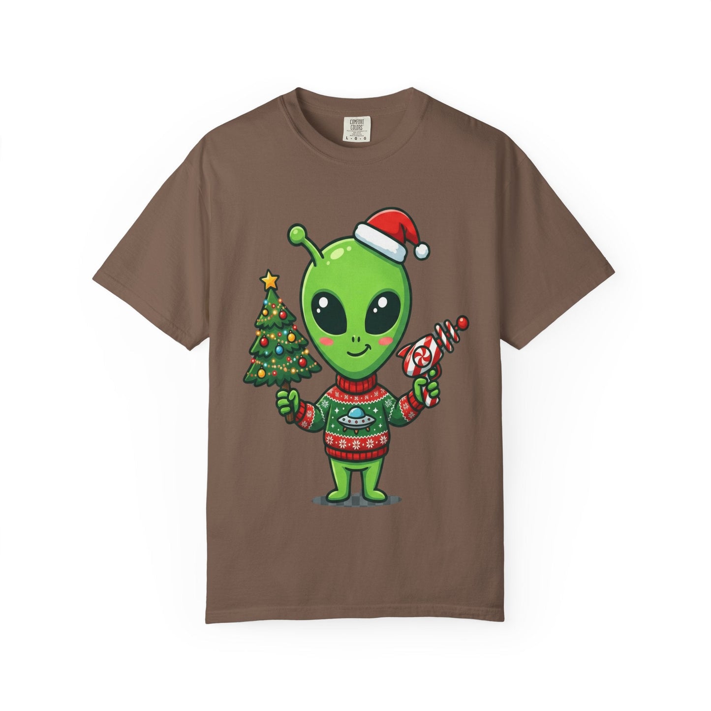 Cosmic Christmas Cheer: Alien Holiday Celebration, Festive Sci - Fi IllustrationT-Shirt – Custom T-Shirt by PixelCraft360, unique decoration for events and special gifts
