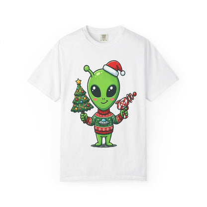 Cosmic Christmas Cheer: Alien Holiday Celebration, Festive Sci - Fi IllustrationT-Shirt – Custom T-Shirt by PixelCraft360, unique decoration for events and special gifts