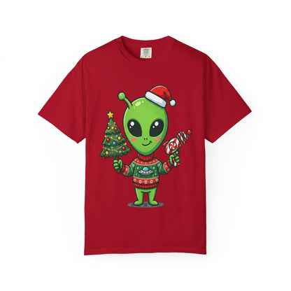 Cosmic Christmas Cheer: Alien Holiday Celebration, Festive Sci - Fi IllustrationT-Shirt – Custom T-Shirt by PixelCraft360, unique decoration for events and special gifts