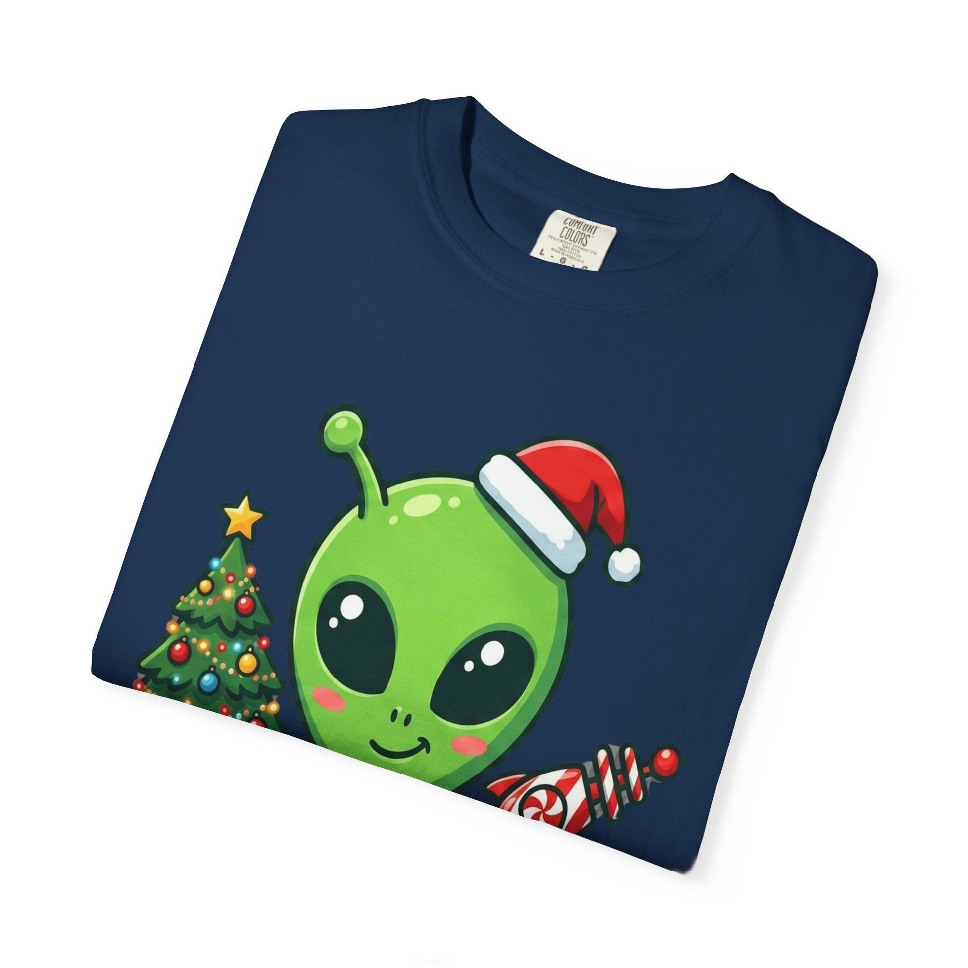 Cosmic Christmas Cheer: Alien Holiday Celebration, Festive Sci - Fi IllustrationT-Shirt – Custom T-Shirt by PixelCraft360, unique decoration for events and special gifts