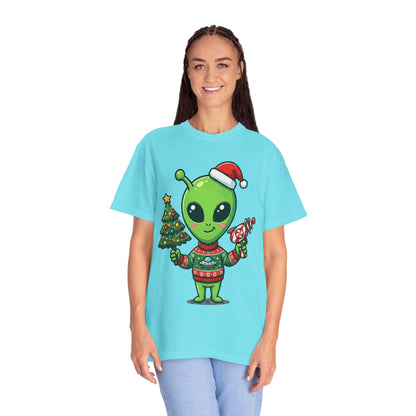 Cosmic Christmas Cheer: Alien Holiday Celebration, Festive Sci - Fi IllustrationT-Shirt – Custom T-Shirt by PixelCraft360, unique decoration for events and special gifts