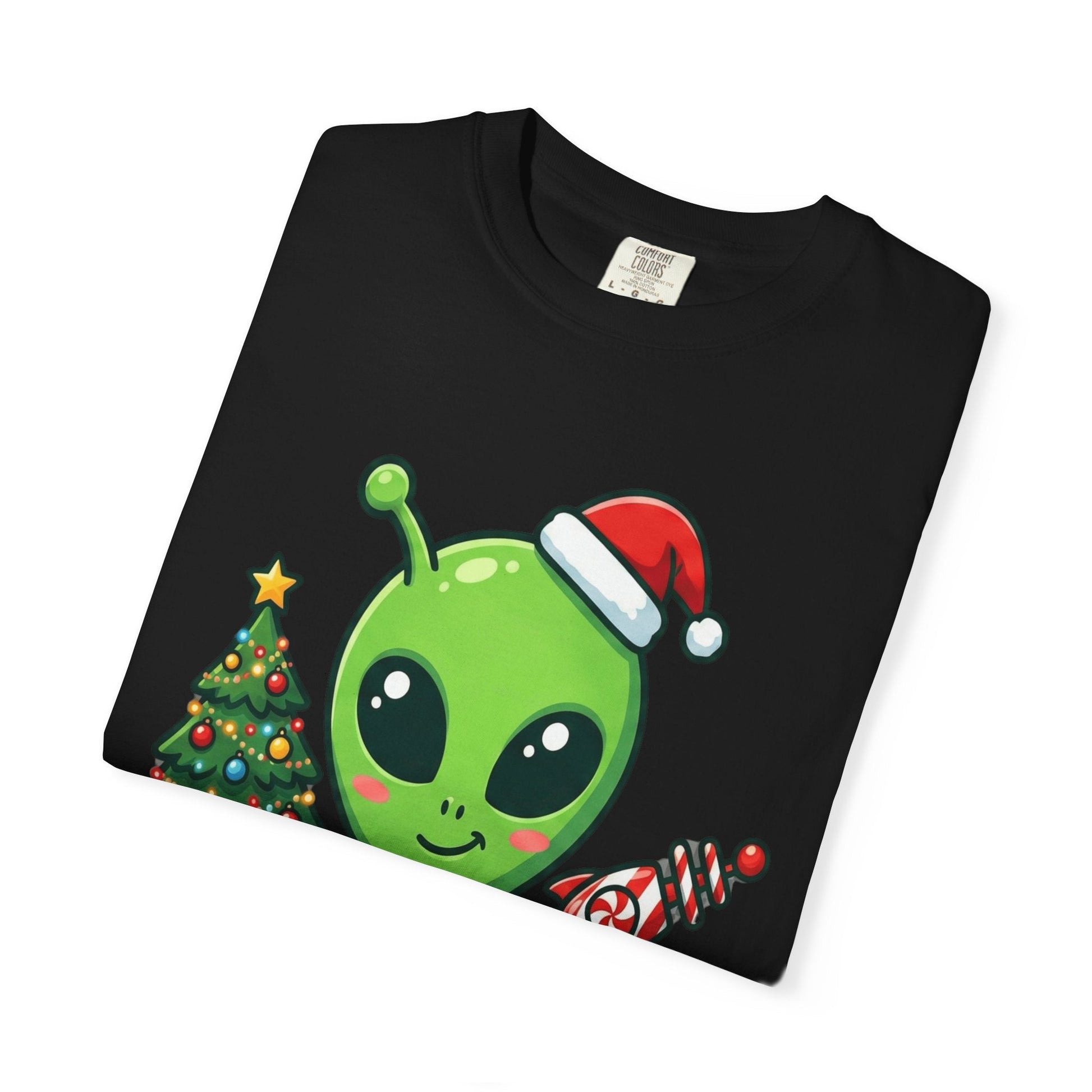 Cosmic Christmas Cheer: Alien Holiday Celebration, Festive Sci - Fi IllustrationT-Shirt – Custom T-Shirt by PixelCraft360, unique decoration for events and special gifts