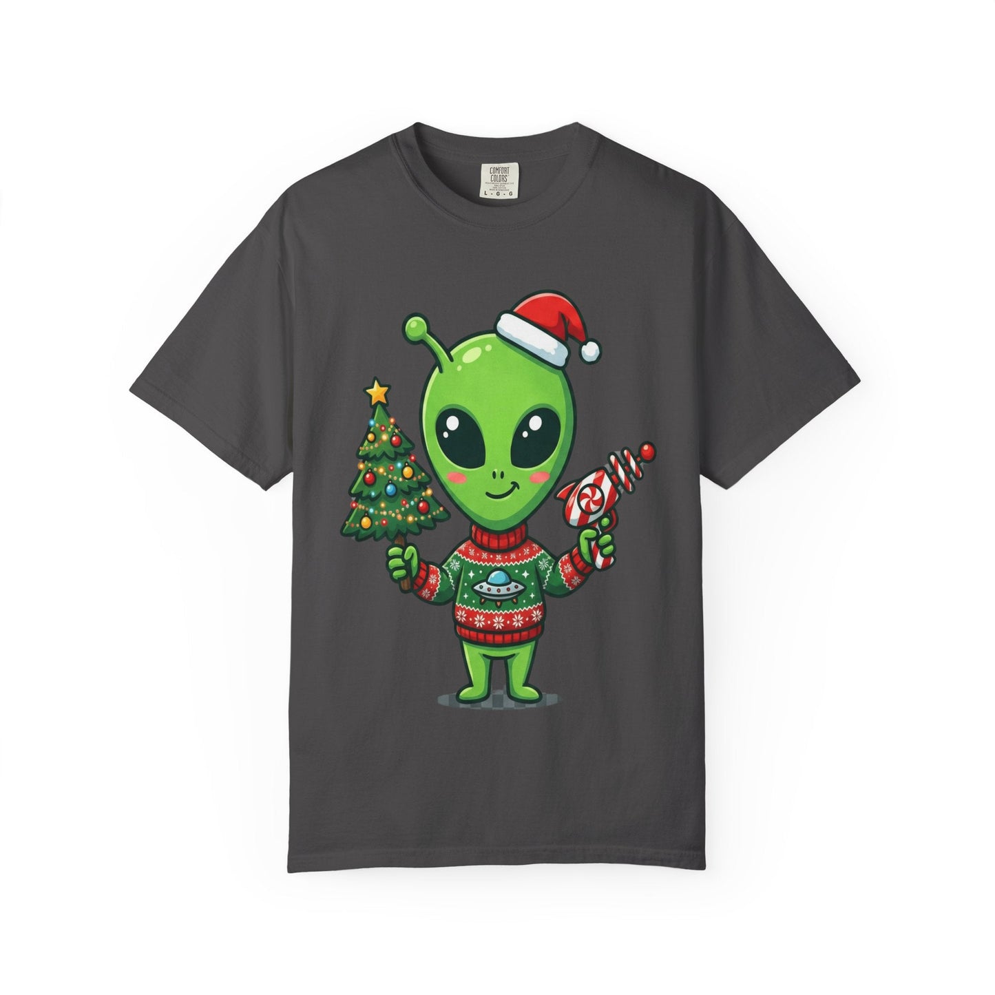 Cosmic Christmas Cheer: Alien Holiday Celebration, Festive Sci - Fi IllustrationT-Shirt – Custom T-Shirt by PixelCraft360, unique decoration for events and special gifts