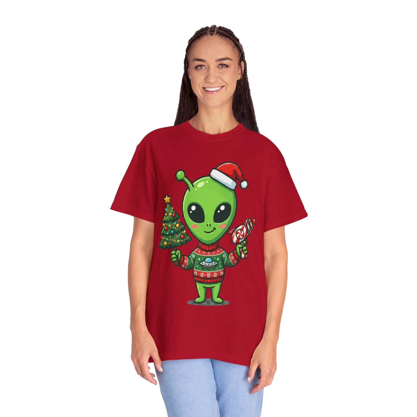 Cosmic Christmas Cheer: Alien Holiday Celebration, Festive Sci - Fi IllustrationT-Shirt – Custom T-Shirt by PixelCraft360, unique decoration for events and special gifts