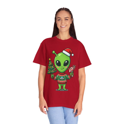 Cosmic Christmas Cheer: Alien Holiday Celebration, Festive Sci - Fi IllustrationT-Shirt – Custom T-Shirt by PixelCraft360, unique decoration for events and special gifts